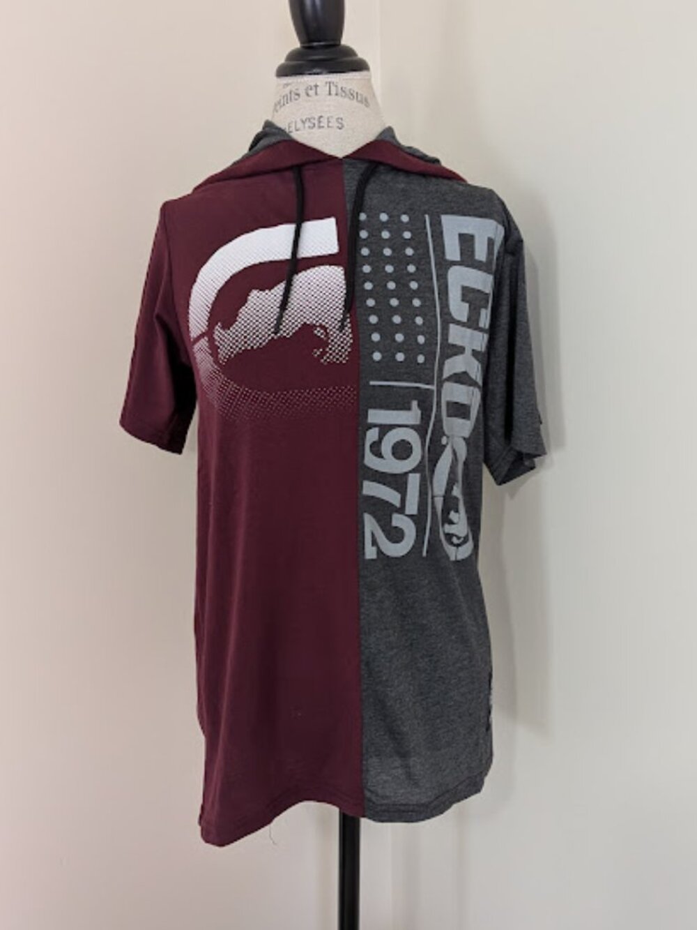 Ecko Unltd short sleeve hoodie burgundy/grey panel size S NWT